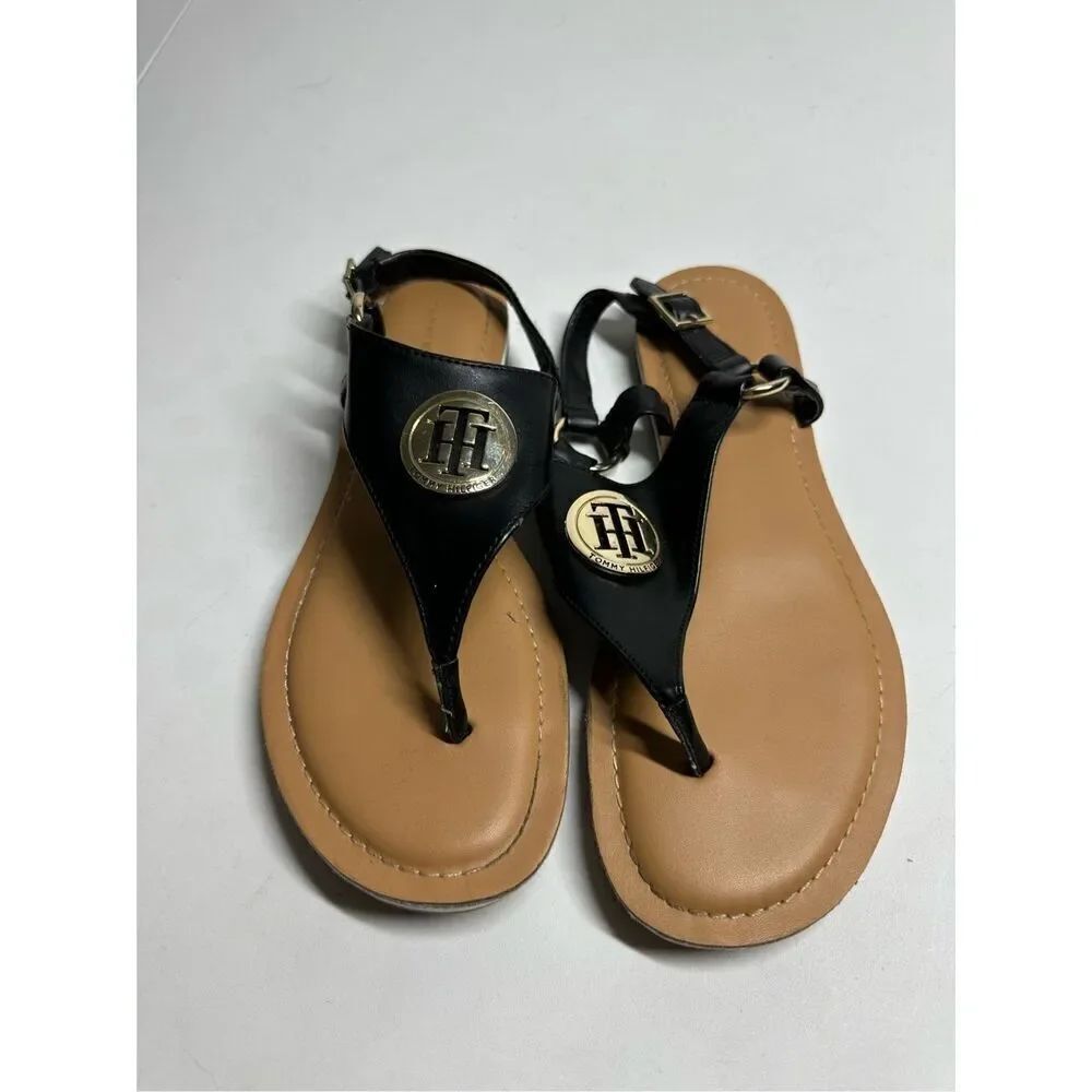 Tommy Hilfiger Grizz Women’s Black Sandals Metal Logo Size 9M See Description